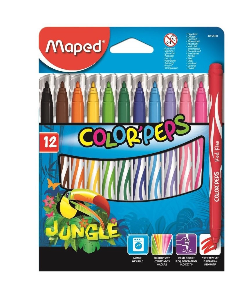 Pot 72 feutres pointe conique 3.6 mm en 12 couleurs assorties School Peps  Maped