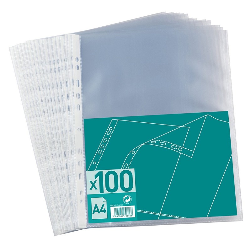 100 pochettes perforées A4 Raja, grainées, 5/100e, polypropylène,  transparentes - Pochettes perforées